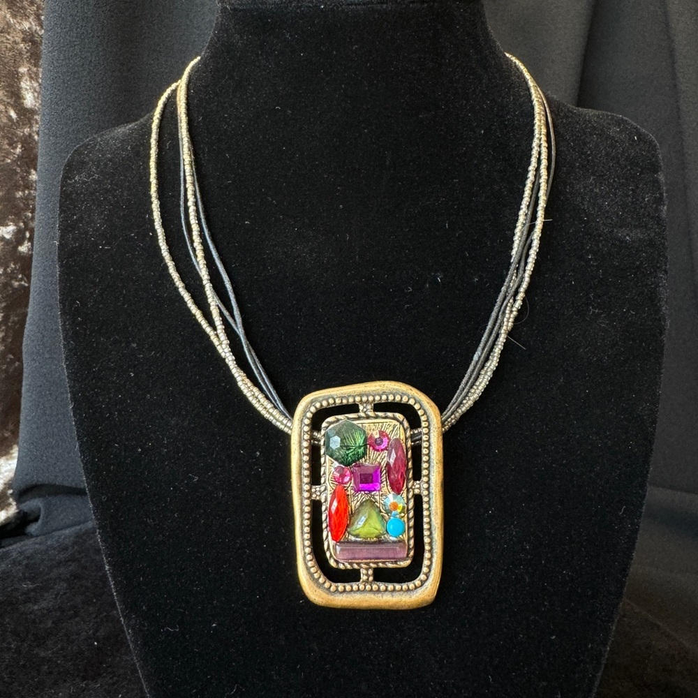 Chico's Gold Tone Rectangular Pendant Necklace Adjustable Colorful Mixed Gems
